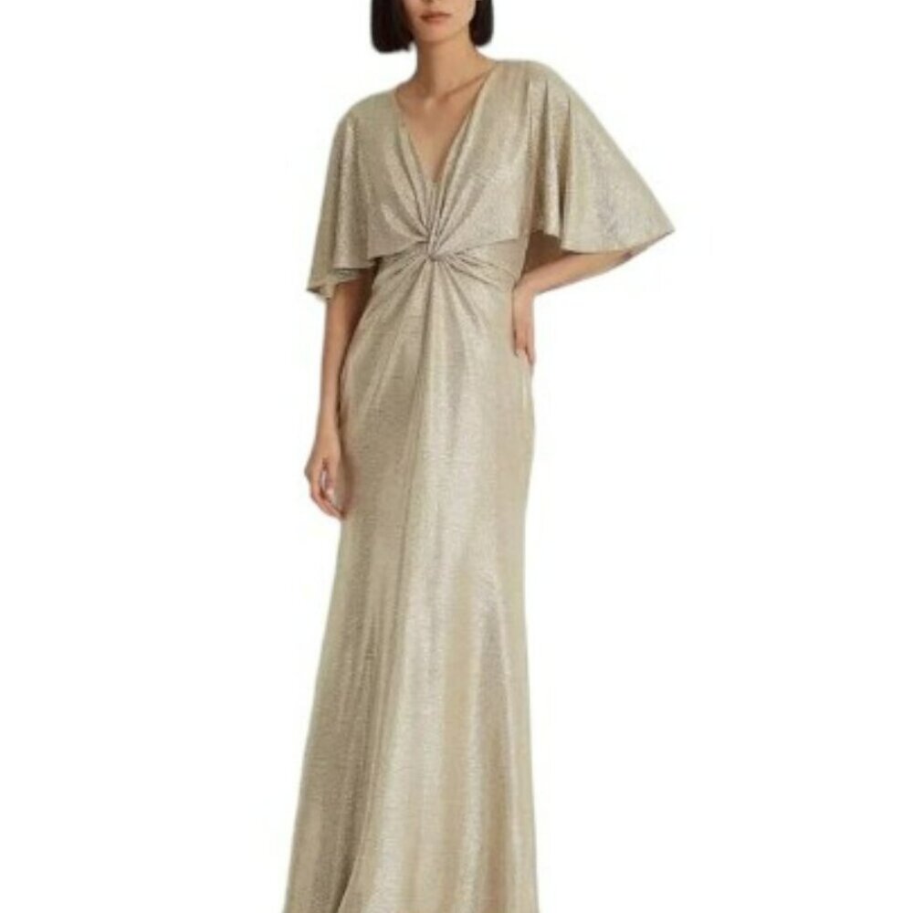 RALPH LAUREN | Gold Champagne Foil Print Jersey Cape Gown (Size 14)